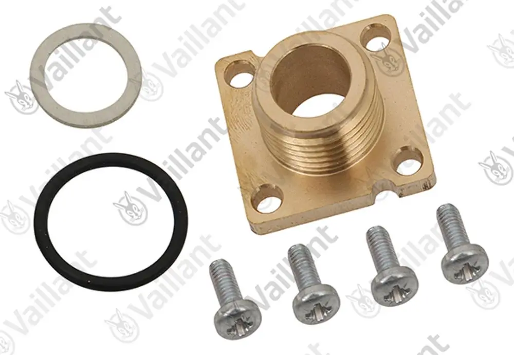 Vaillant Adapter aus Messing mit zwei Dichtungen (metallisch und Gummi) sowie fünf Schrauben zur Befestigung. Geignet zur Gasarmatur.